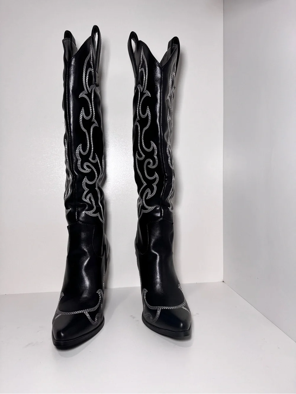 PrettyLittleThing Black Knee-High Embellished Western Boots